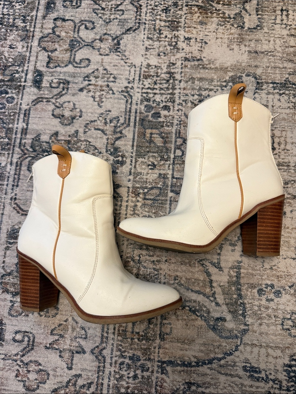 MIA White Faux Leather Ankle Boots with Tan Pull Tabs